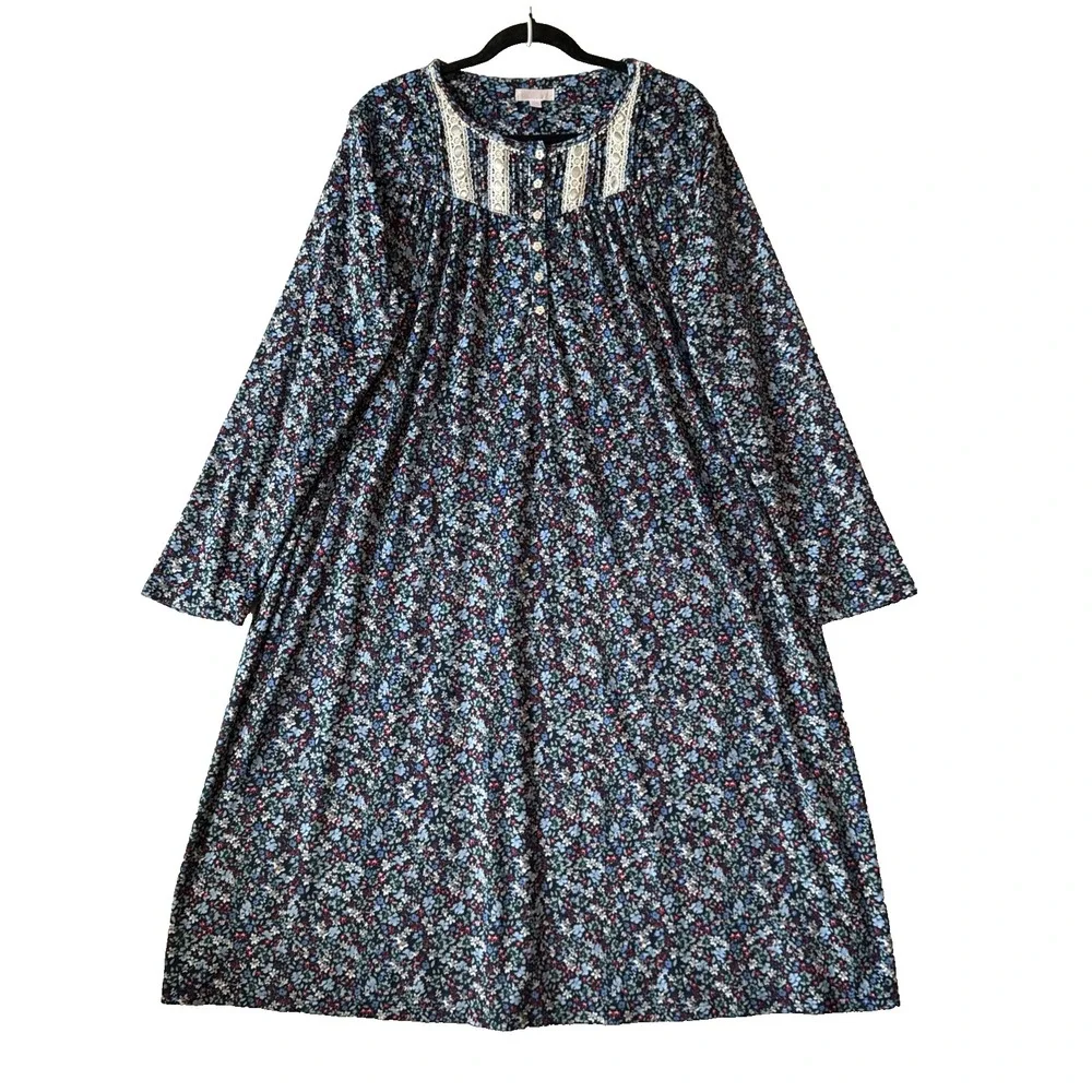 Secret Treasures Nightgown Blue Floral Soft Cozy Velour Lace Trim Granny Gown XL